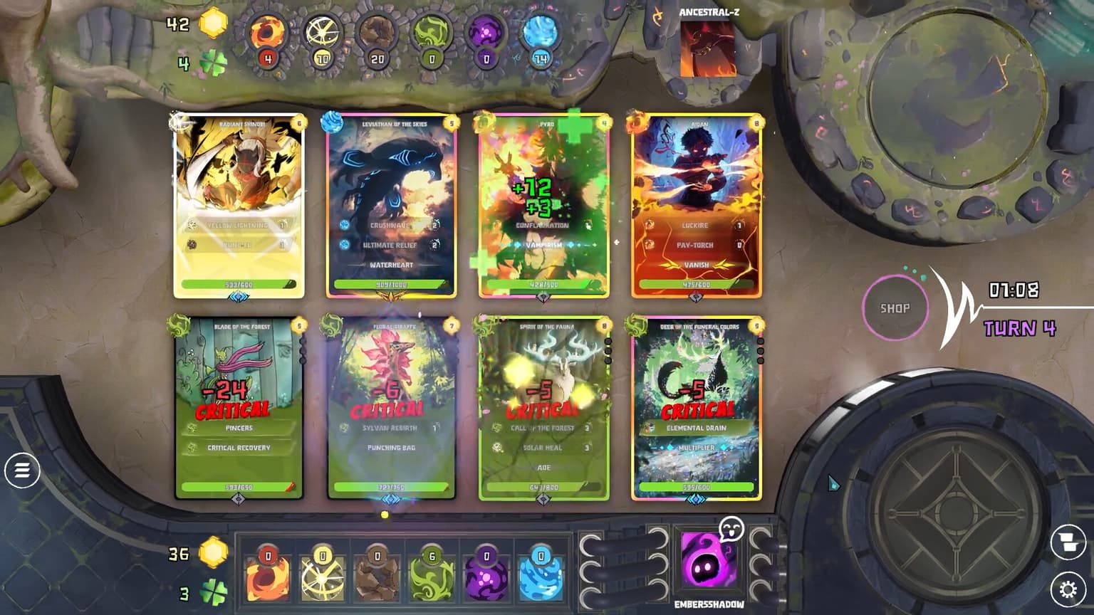 SPAM gameplay screenshot showing a card duel between two four-card teams